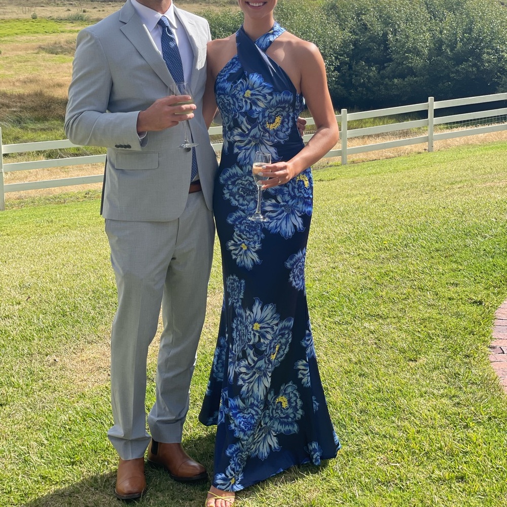 Elegant Blue Floral Halter Dress